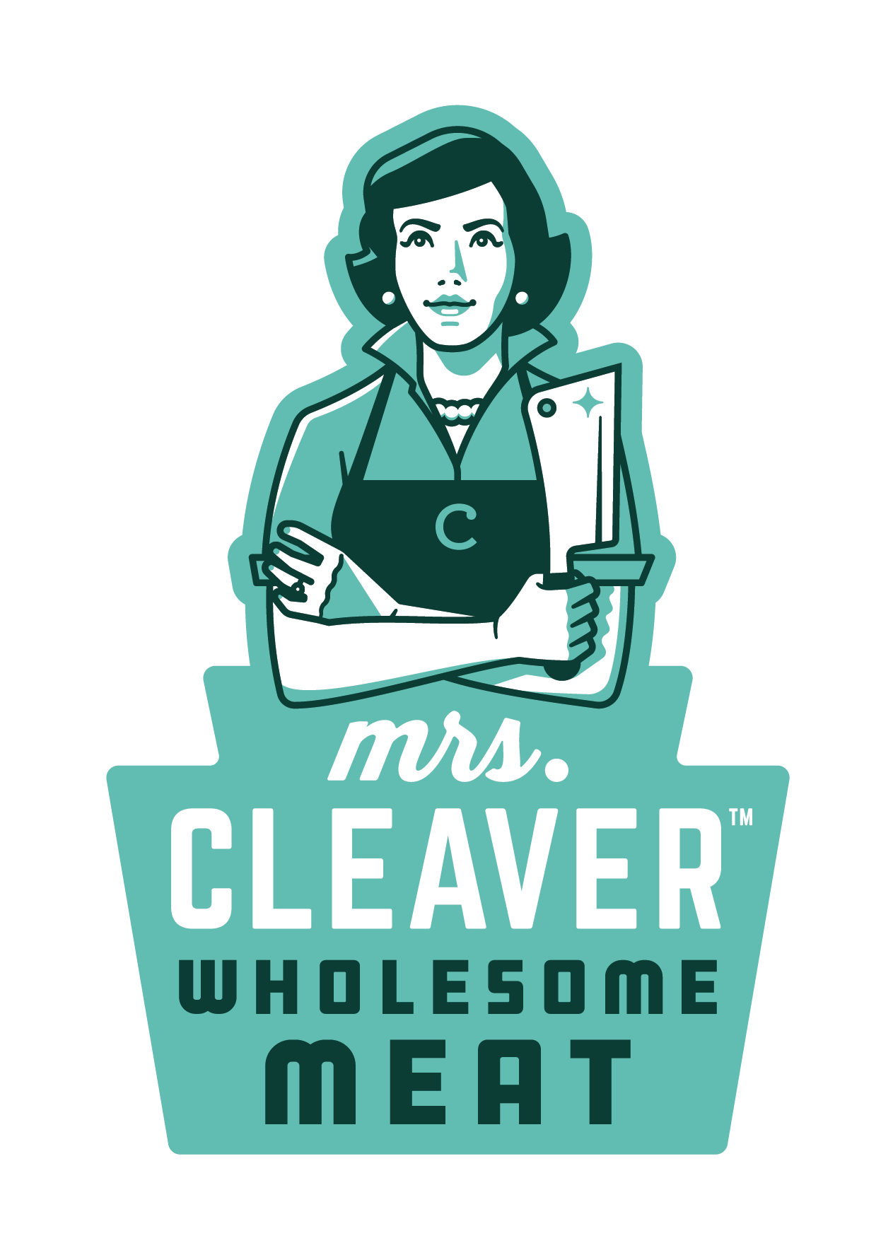Logo depicting a woman with an apron and pearls on with arms folded holding a cleaver